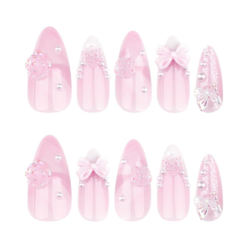 ASABITE 24 Pcs White French Tip Press on Nails Almond Medium Fake Nails with Glue Cute Pink False Nails with 3D Flower Bow Design Handmade Nails Glossy Holiday Glue on Nails Reusable Stick on Nails for Women - Image 5
